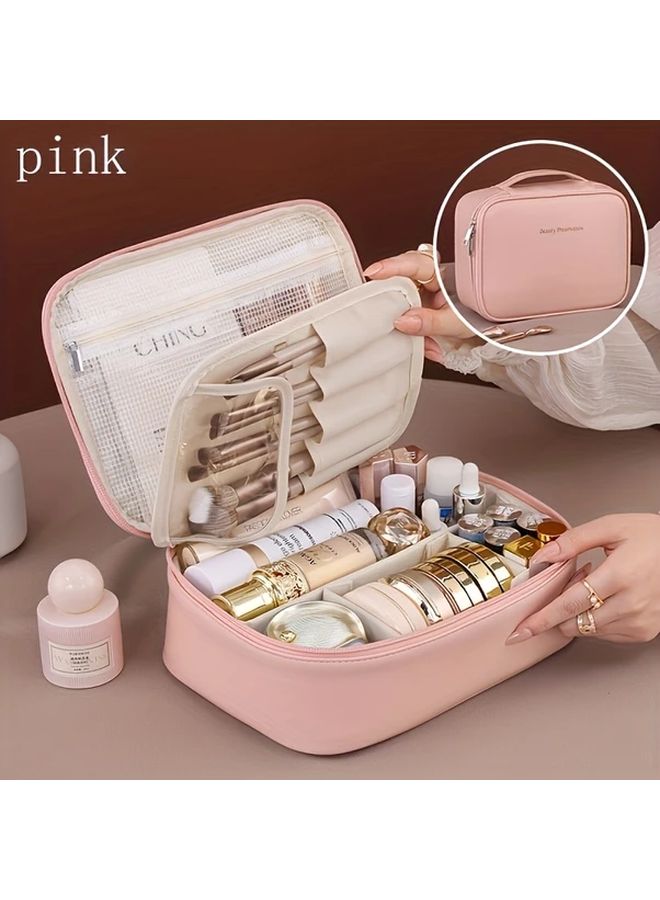 Beige Large Capacity Detachable Makeup Bag Travel Cosmetic Organizer With Brush Pouch - Image 3